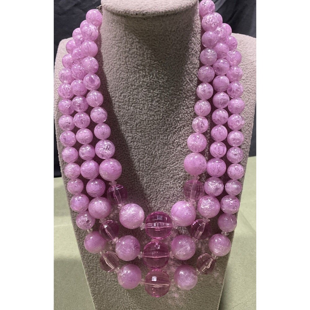 Vintage W Germany 3 Strand Chunky Beaded Necklace Purple Lilac Lucite Crackle